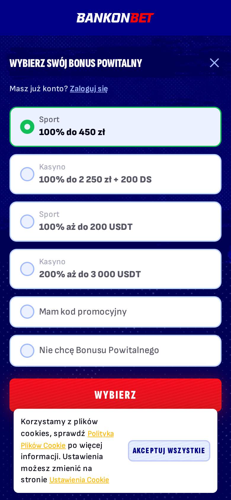 Bankonbet — rejestracja