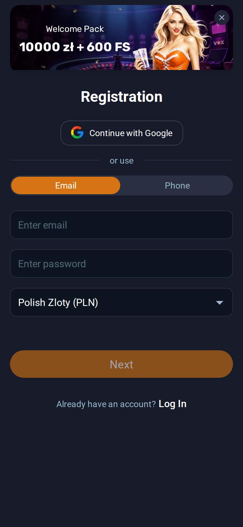 Vox Casino — rejestracja